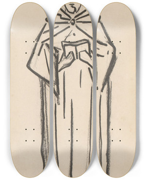 Triptych art skateboard deck of Reinier Willem Petrus De Vries Monnik Met Boek by Reinier Willem Petrus De Vries (1874-1952)