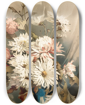 Triptych art skateboard deck of Annie Nowell Chrysanthemums No 5 by Annie Nowell (1842-1935)