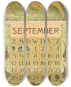 Triptych art skateboard deck of Theo Van Hoytema Kalenderblad September Met Goudfazant by Theo Van Hoytema (1863-1917)