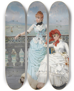 Triptych art skateboard deck of Vittorio Matteo Corcos Neapolitan Beauties by Vittorio Matteo Corcos (1859-1933)