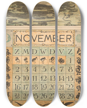 Triptych art skateboard deck of Theo Van Hoytema Kalenderblad November Met Drie Slapende Eenden by Theo Van Hoytema (1863-1917)