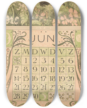 Triptych art skateboard deck of Theo Van Hoytema Kalenderblad Juni Met Egels by Theo Van Hoytema (1863-1917)