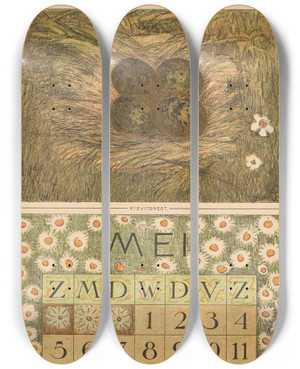 Triptych art skateboard deck of Theo Van Hoytema Kalenderblad Mei Met Kievitsnest by Theo Van Hoytema (1863-1917)