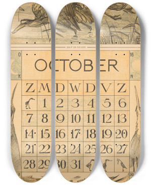 Triptych art skateboard deck of Theo Van Hoytema Kalenderblad Oktober Met Snip En Reiger by Theo Van Hoytema (1863-1917)