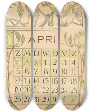 Triptych art skateboard deck of Theo Van Hoytema Kalenderblad April Met Bladeren by Theo Van Hoytema (1863-1917)