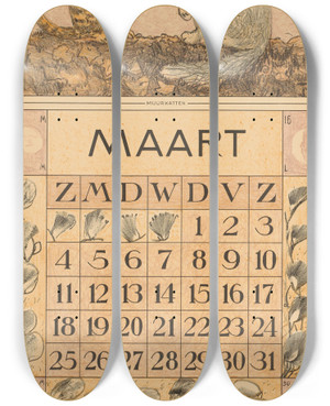Triptych art skateboard deck of Theo Van Hoytema Kalenderblad Maart Met Twee Katten by Theo Van Hoytema (1863-1917) Triptych art skateboard deck of Theo Van Hoytema Kalenderblad Maart Met Twee Katten by Theo Van Hoytema (1863-1917)
