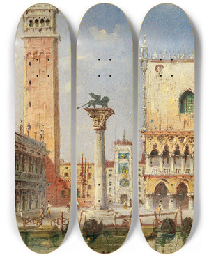 Triptych art skateboard deck of Marco Grubacs A View Of St Marks Column And The Campanile by Marco Grubacs (1839-1910)