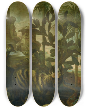 Triptych art skateboard deck of Ignaz Heinitz Von Heinzenthal Hyne Antilope Und Kasuar In Kakteenlandschaft by Ignaz Heinitz Von Heinzenthal (1657-1742)