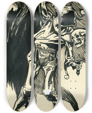 Triptych art skateboard deck of Johannes Josephus Aarts Nar En Doodshoofd by Johannes Josephus Aarts (1871-1934)