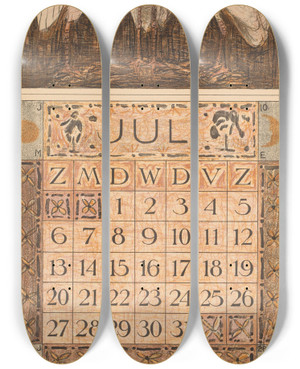Triptych art skateboard deck of Theo Van Hoytema Kalenderblad Juli Met Lepelaars by Theo Van Hoytema (1863-1917)