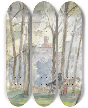 Triptych art skateboard deck of Jozef Israls Park Met Figuren Te Paard by Jozef Israels (1824-1911)