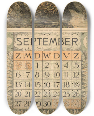 Triptych art skateboard deck of Theo Van Hoytema Kalenderblad Voor September 1914 Met Een Eend Op Het Water by Theo Van Hoytema (1863-1917)
