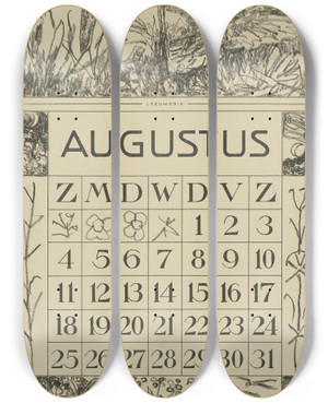 Triptych art skateboard deck of Theo Van Hoytema Kalenderblad Augustus Met Leeuwerik En Bloem by Theo Van Hoytema (1863-1917)