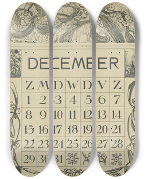 Triptych art skateboard deck of Theo Van Hoytema Kalenderblad December Met Winterkoninkje_2 by Theo Van Hoytema (1863-1917)
