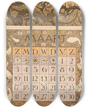 Triptych art skateboard deck of Theo Van Hoytema Kalenderblad Maart Met Spreeuwen En Eenden by Theo Van Hoytema (1863-1917)