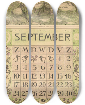Triptych art skateboard deck of Theo Van Hoytema Kalenderblad September Met Muskuseend by Theo Van Hoytema (1863-1917)
