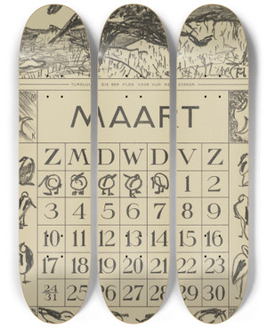 Triptych art skateboard deck of Theo Van Hoytema Kalenderblad Maart Met Tureluurs by Theo Van Hoytema (1863-1917)