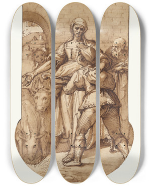 Triptych art skateboard deck of Federico Zuccaro Taddeo At The Entrance To Rome Greeted By Toil Servitude And Hardship And By Obedience And Patience The Ass And Ox by Federico Zuccaro (1542-1609)