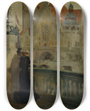 Triptych art skateboard deck of Edouard Zawiski Le Pavillon De Lallemagne Lexposition Universelle De 1900 by Edouard Zawiski (19-)