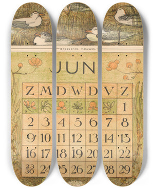 Triptych art skateboard deck of Theo Van Hoytema Kalenderblad Juni Met Broedende Meeuwen by Theo Van Hoytema (1863-1917)