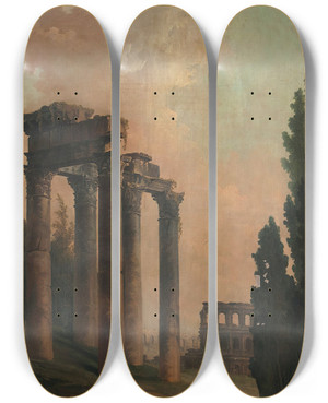 Triptych art skateboard deck of Hubert Robert Architectural Capriccio With Ruins Of The Temple Of Saturn And The Colosseum In The Background by Hubert Robert (1733-1808)
