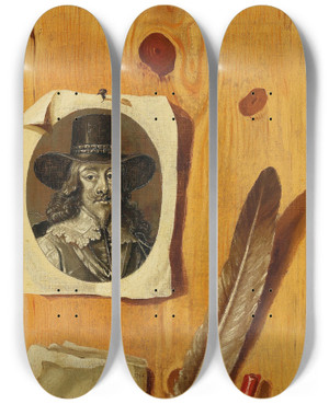 Triptych art skateboard deck of Jacobus Plasschaert A Trompeloeil Painting With An Engraved Portrait Of King Charles I An Issue Of Fogs Journal Dated 1734 A Quill Pen And Sealing Wax Held Against A Wooden Backboard by Jacobus Plasschaert (1730-1765)