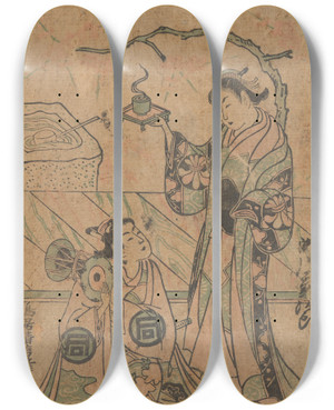 Triptych art skateboard deck of Torii Kiyonobu I One Of Three Theater Scenes by Torii Kiyonobu I (1664-1729)