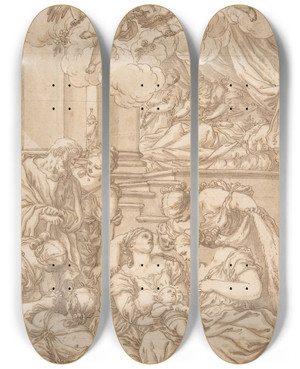 Triptych art skateboard deck of Valentin Lefebvre Birth Of St John The Baptist by Valentin Lefebvre (1642-1682)