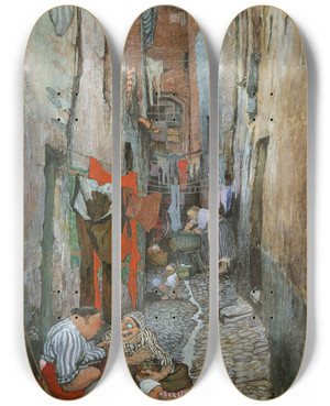 Triptych art skateboard deck of Jules De Bruycker Alley by Jules De Bruycker (1870-1945)