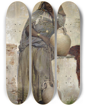 Triptych art skateboard deck of E Augusto Lovatti Arabian Woman At A Fountain by E Augusto Lovatti (1852-1921)