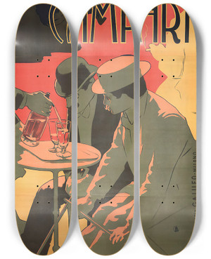 Triptych art skateboard deck of Adolfo Hohenstein Bitter Campari by Adolfo Hohenstein (1854-1928)