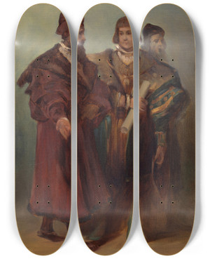 Triptych art skateboard deck of Hans Makart Entwurf Zum Festzug 1879 Drei Maschinenbauer by Hans Makart (1840-1884)