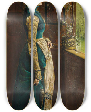 Triptych art skateboard deck of Gabriel Schachinger Through The Window Fondly Looking by Gabriel Schachinger (1850-1912)