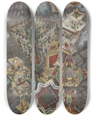 Triptych art skateboard deck of Hans Prinzhorn Jenseitsauferstehungsmyriaden by Hans Prinzhorn (1886-1933)