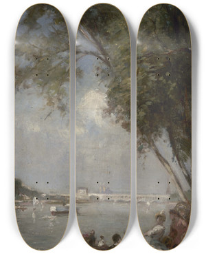 Triptych art skateboard deck of Gustave Henri Colin La Seine Au Basmeudon by Gustave Henri Colin (1828-1910)