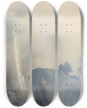 Triptych art skateboard deck of Yokoyama Taikan Towing A Boat by Yokoyama Taikan