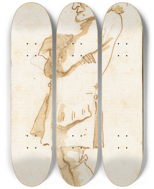 Triptych art skateboard deck of Giovanni Battista Tiepolo Caricature Of A Man With His Arms Folded Standing In Profile To The Left by Giovanni Battista Tiepolo (1696-1770)