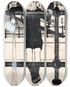 Triptych art skateboard deck of A Tinbergen Jongen Gooit Kan Leeg In Gracht by A Tinbergen (20-)