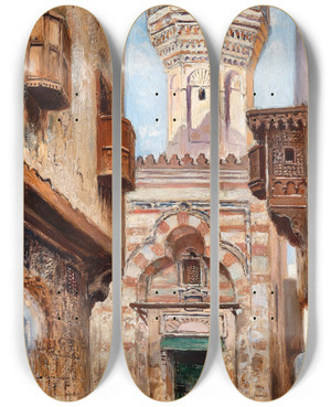 Triptych art skateboard deck of Frans Wilhelm Odelmark Cairo A Street Scene At Khan Al Khalili Bazaar by Frans Wilhelm Odelmark (1849-1937)
