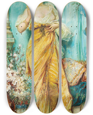 Triptych art skateboard deck of Hans Zatzka In The Boudoir by Hans Zatzka (1859-1945)