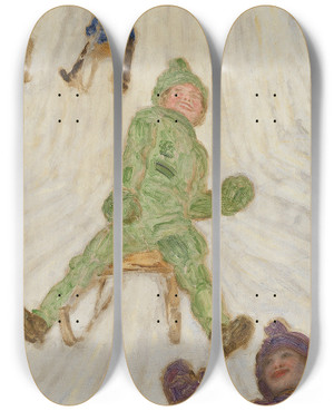 Triptych art skateboard deck of Franz Von Stuck Schlittenfahrt Rodelnde Kinder by Franz Von Stuck (1863-1928)