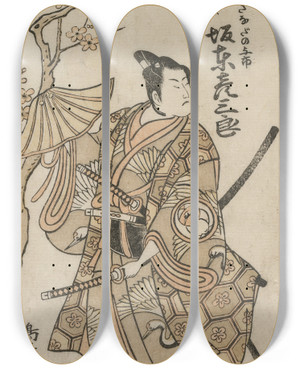 Triptych art skateboard deck of Torii Kiyomitsu Bando Hikosaburo Ii As Sanada No Yoichi by Torii Kiyomitsu (1735-1785)