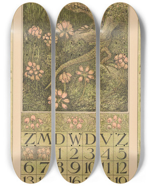 Triptych art skateboard deck of Theo Van Hoytema Kalenderblad Augustus Met Hagedis En Dopheide by Theo Van Hoytema (1863-1917)