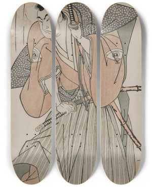 Triptych art skateboard deck of Katsukawa Shunei Onoe Matsusuke I As A Samurai Standing Beneath A Cherry Tree by Katsukawa Shunei (1762-1819)