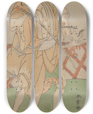 Triptych art skateboard deck of Katsukawa Shunsh The Actor Ichikawa Danjuro With Hawk And Sword by Katsukawa Shunsho (1726-1792)