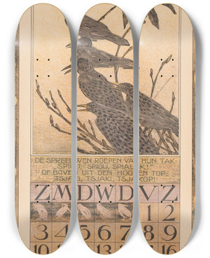 Triptych art skateboard deck of Theo Van Hoytema Kalenderblad Februari Met Spreeuwen by Theo Van Hoytema (1863-1917)