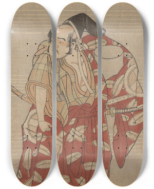 Triptych art skateboard deck of Katsukawa Shunsh Actor Otoni Hiroji As Samurai With Box by Katsukawa Shunsho (1726-1792)