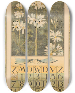 Triptych art skateboard deck of Theo Van Hoytema Kalenderblad Mei Met Waterplanten En Libel by Theo Van Hoytema (1863-1917)