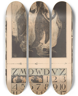 Triptych art skateboard deck of Theo Van Hoytema Kalenderblad November Met Drie Pinguns by Theo Van Hoytema (1863-1917)