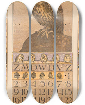 Triptych art skateboard deck of Theo Van Hoytema Kalenderblad Februari Met Uil by Theo Van Hoytema (1863-1917) Triptych art skateboard deck of Theo Van Hoytema Kalenderblad Februari Met Uil by Theo Van Hoytema (1863-1917)